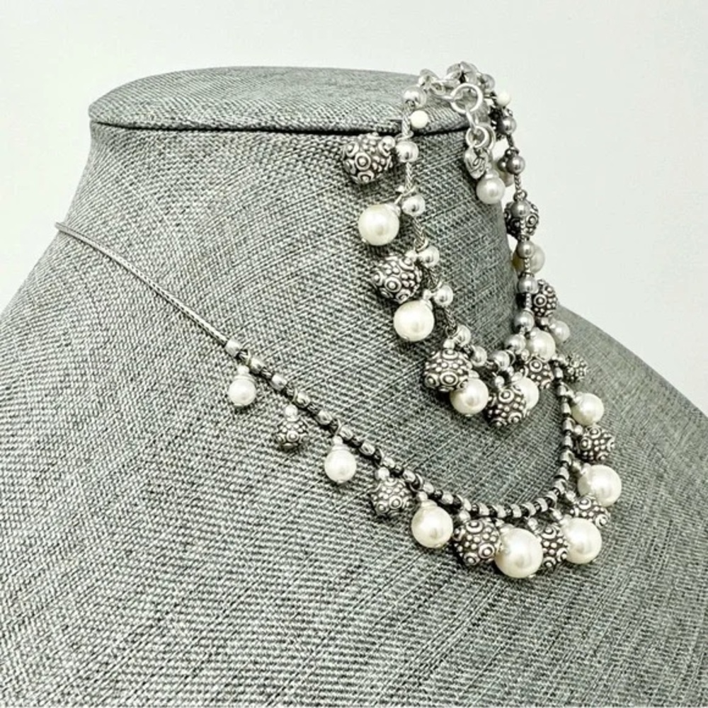 Brighton Vintage Sophisticate Silver Pearl Necklace Bracelet Jewelry Set Collar